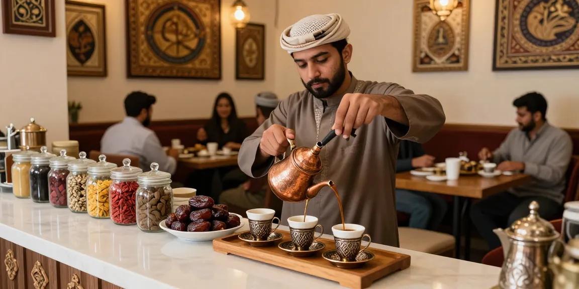 قهوجي الرياض يقدم القهوة العربية في مقهى تقليدي بجو دافئ
