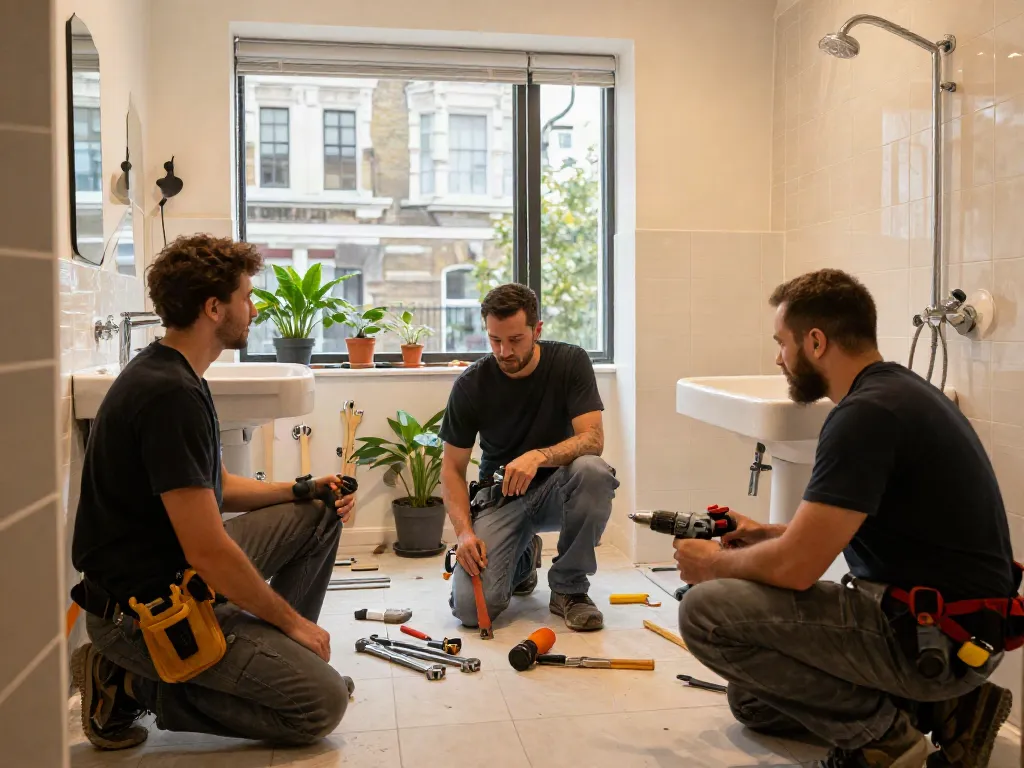 WEFIX London plumbers and electricians renovating a bathroom with teamwork and expertise.