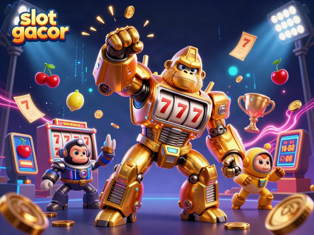 Engage in thrilling slot gacor action with a dynamic 3D illustration featuring a golden gorilla mech bursting coins.