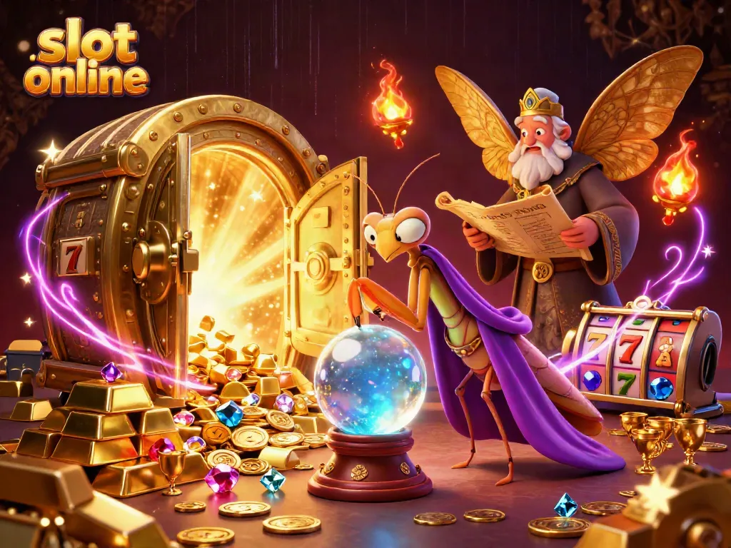 Engage with slot online action in this dynamic illustration of magical characters and treasure.