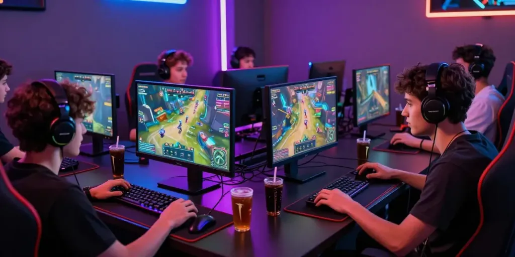 Group enjoying game online at a stylish gaming setup with vibrant neon lighting.
