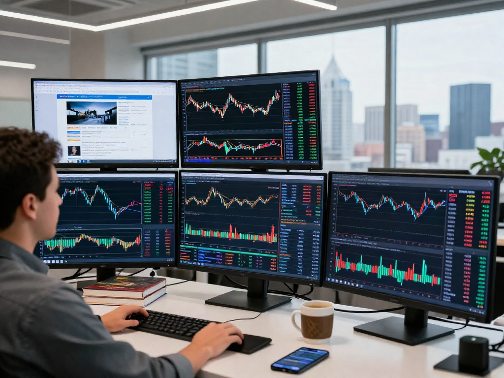 TradingView官网展示专业交易者在多显示器上进行实时金融市场分析的情景。