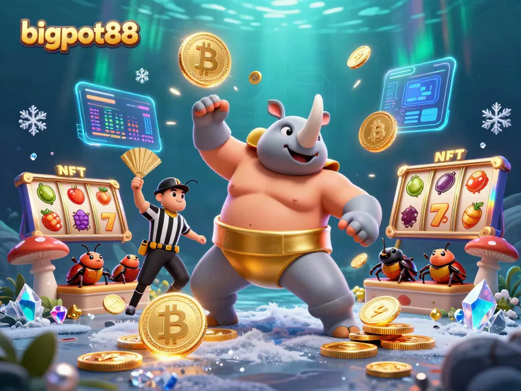 bigpot88 merayakan kemenangan dengan palugada emas dan karakter unik di latar belakang kasino menarik