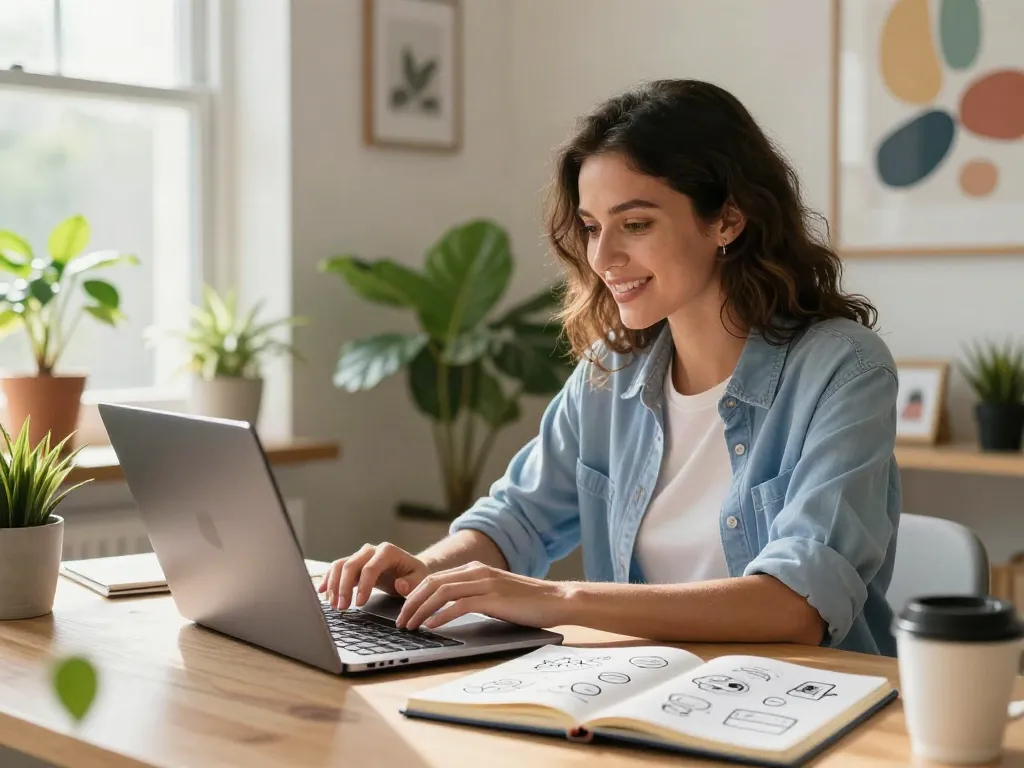 Empowered woman managing her Roma Army OnlyFans account in a bright home office.