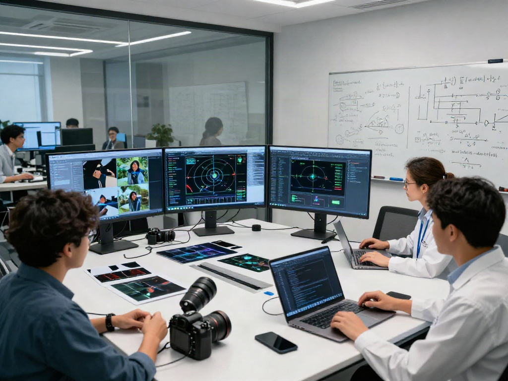 AI Image Detection team analyzing images in a modern research lab environment.