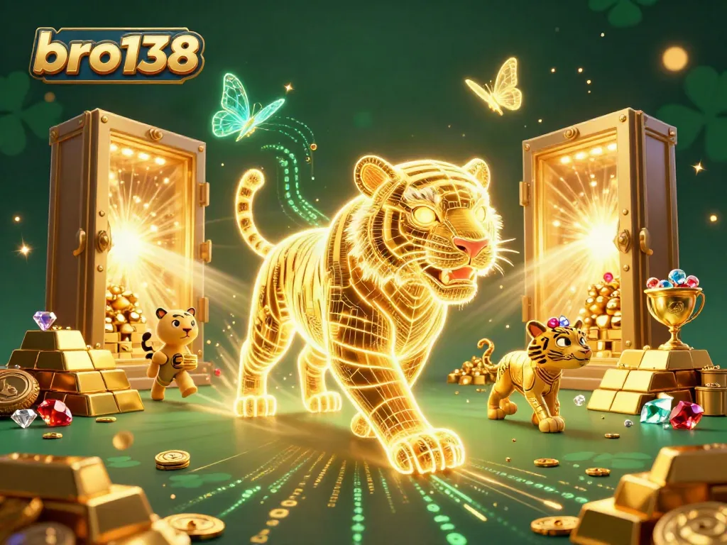Experience the thrill at bro138 with a golden tiger in a vibrant casino filled with treasures.
