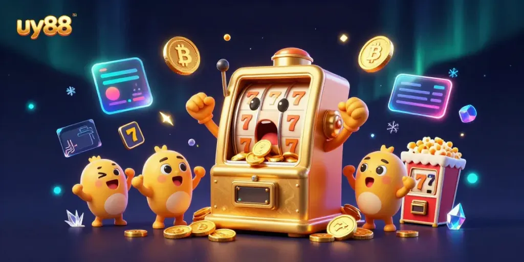 Win big with uy88 in this vibrant 3D casino scene featuring a joyous golden slot machine.