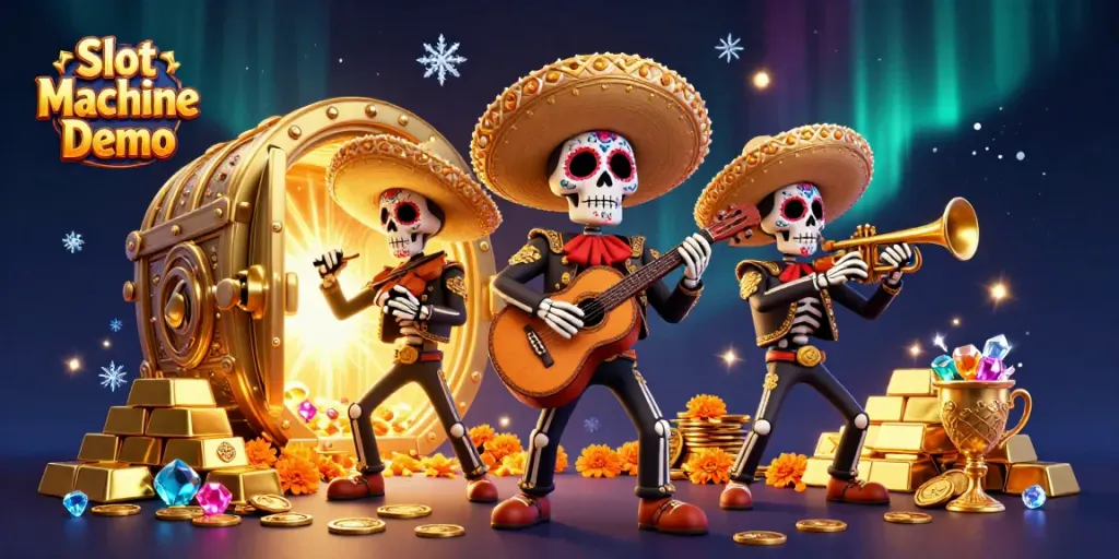 Engage with the vibrant Slot Machine Demo illustration showcasing a lively mariachi band amidst golden treasures.