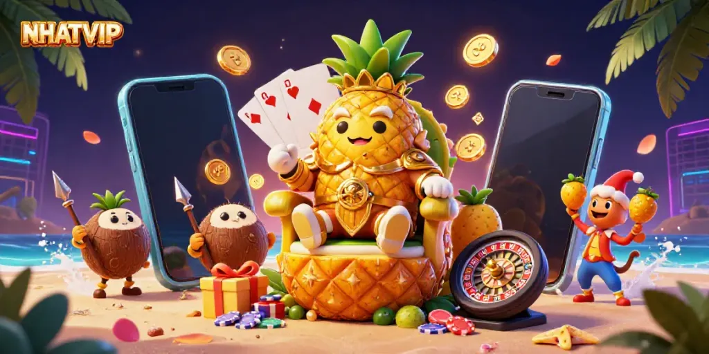 Engage in NHATVIP's vibrant casino world with golden pineapple king and dynamic gaming elements.