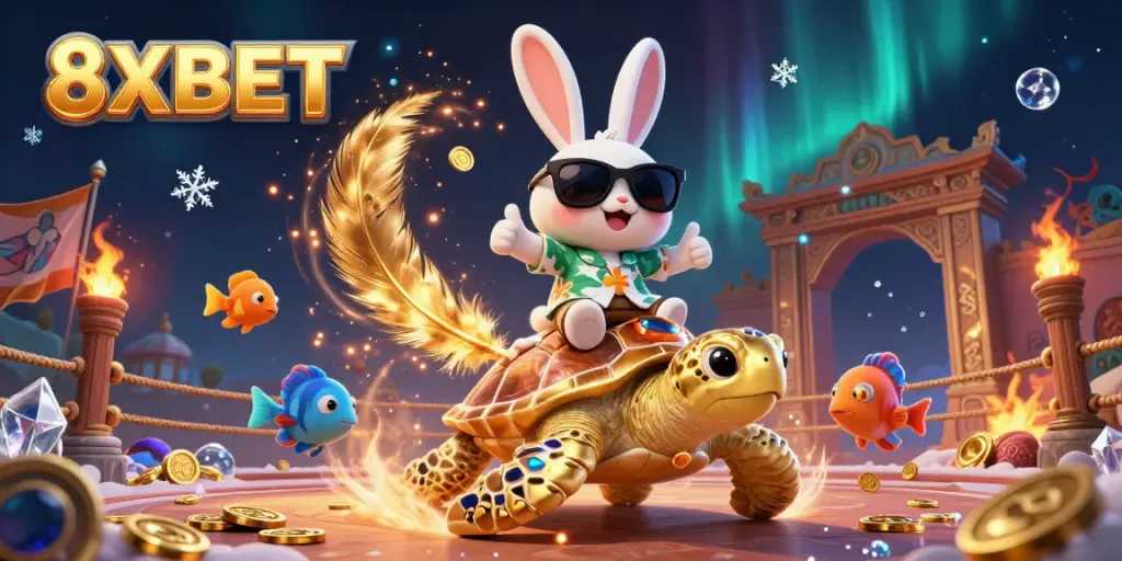 Bet with 8XBET while enjoying a vibrant atmosphere of luck and excitement in this 3D casino scene.