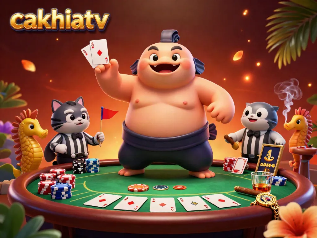 CakhiaTV features the fugu blowfish in a lively underwater poker scene, engaging spectators and vibrant game elements.