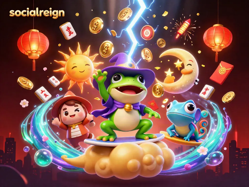 Engage with socialreign's vibrant gaming world where the weather wizard frog conjures golden coins in a dazzling storm.