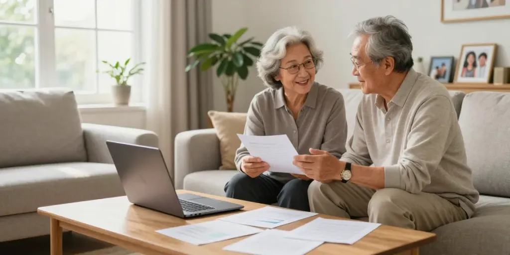 Retired couple discussing reverse mortgages in a cozy living room.