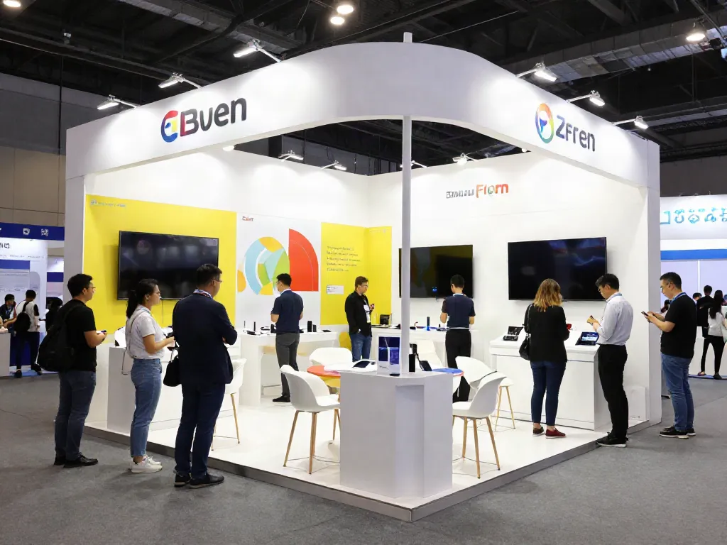 Custom exhibition stands engaging visitors at a dynamic trade show event.