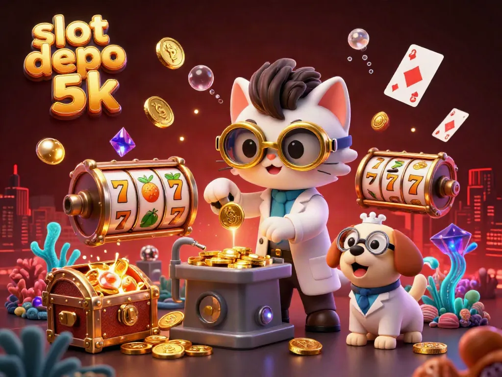 Engage in thrilling action at slot depo 5k with wild cartoon characters in a vibrant casino-themed scene.