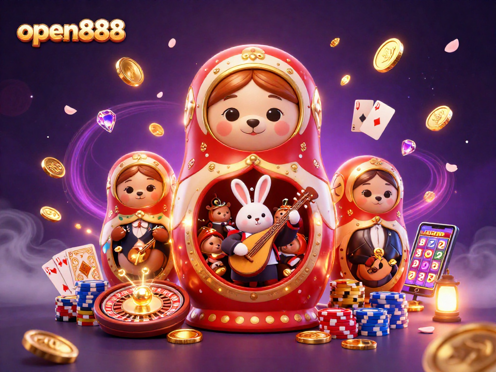 Experience thrilling wins with open888: a vibrant scene of a cartoon bear dealer amidst casino games.