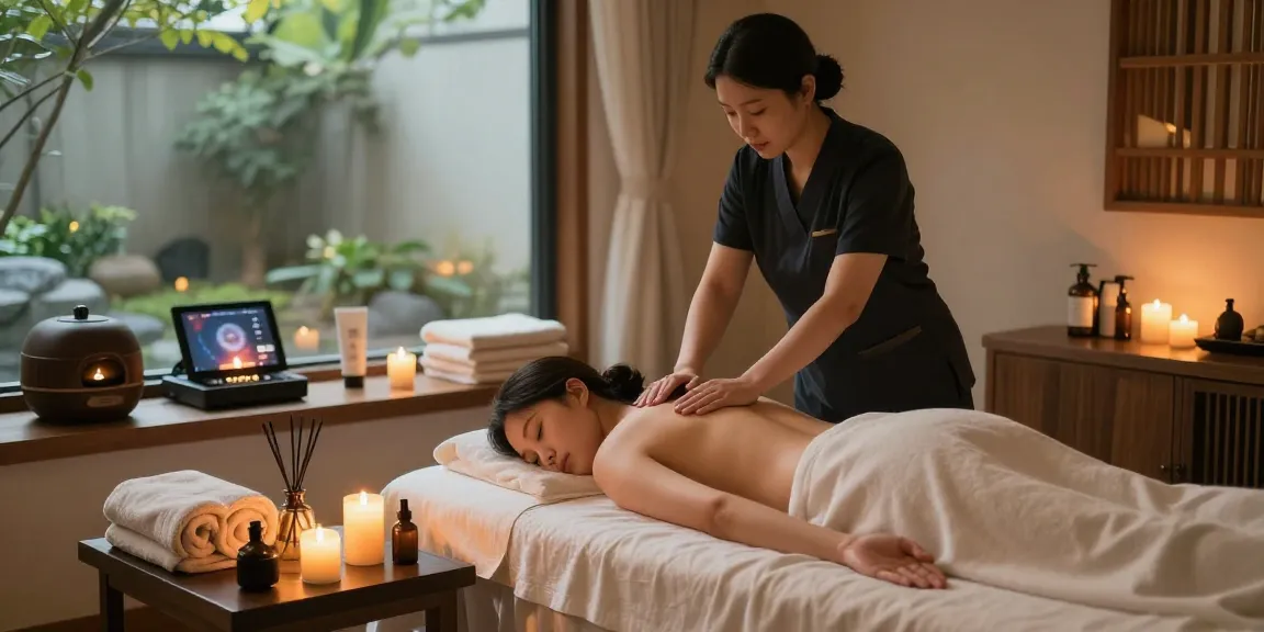 Relaxing 인천출장마사지 session in upscale spa with serene atmosphere and calming decor.
