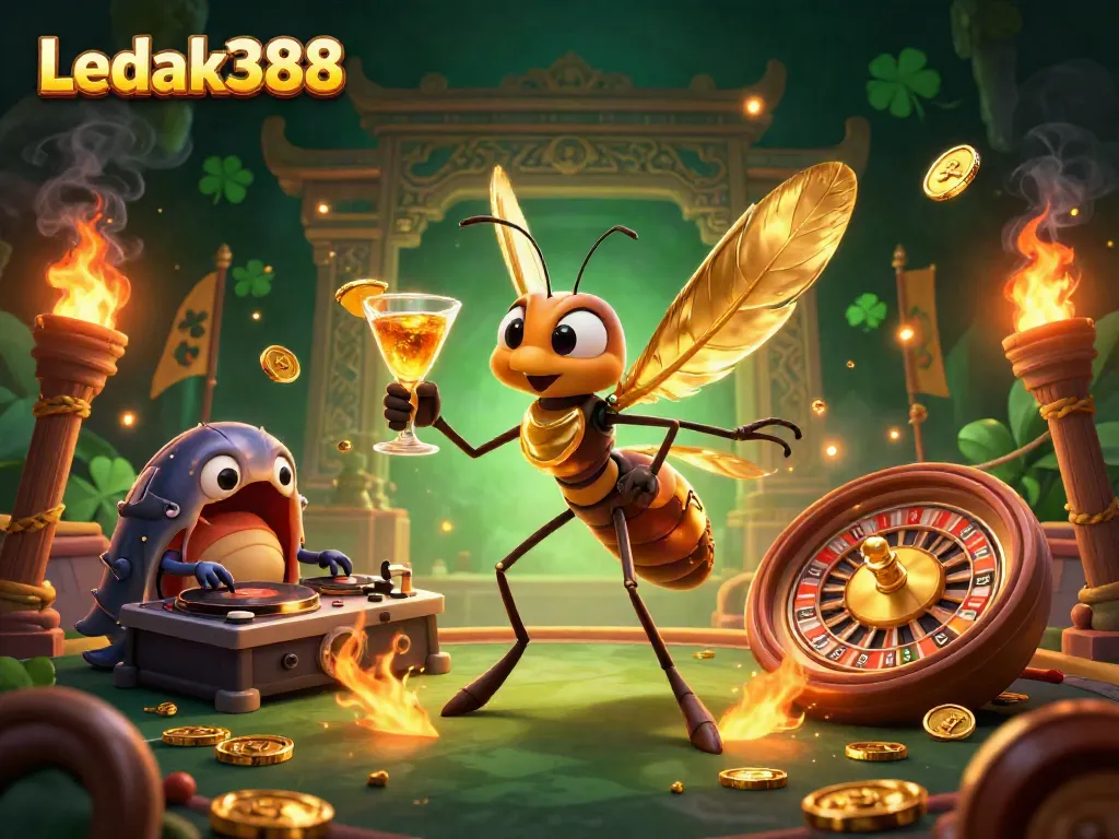 Experience thrilling gameplay at Ledak388 with an energetic casino fantasy scene showcasing vibrant characters and elements.