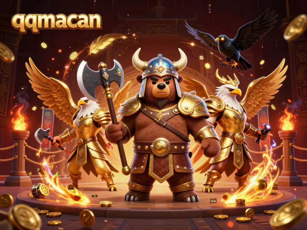Engage in thrilling gaming adventures at qqmacan with colorful characters and casino elements in a vibrant 3D scene.