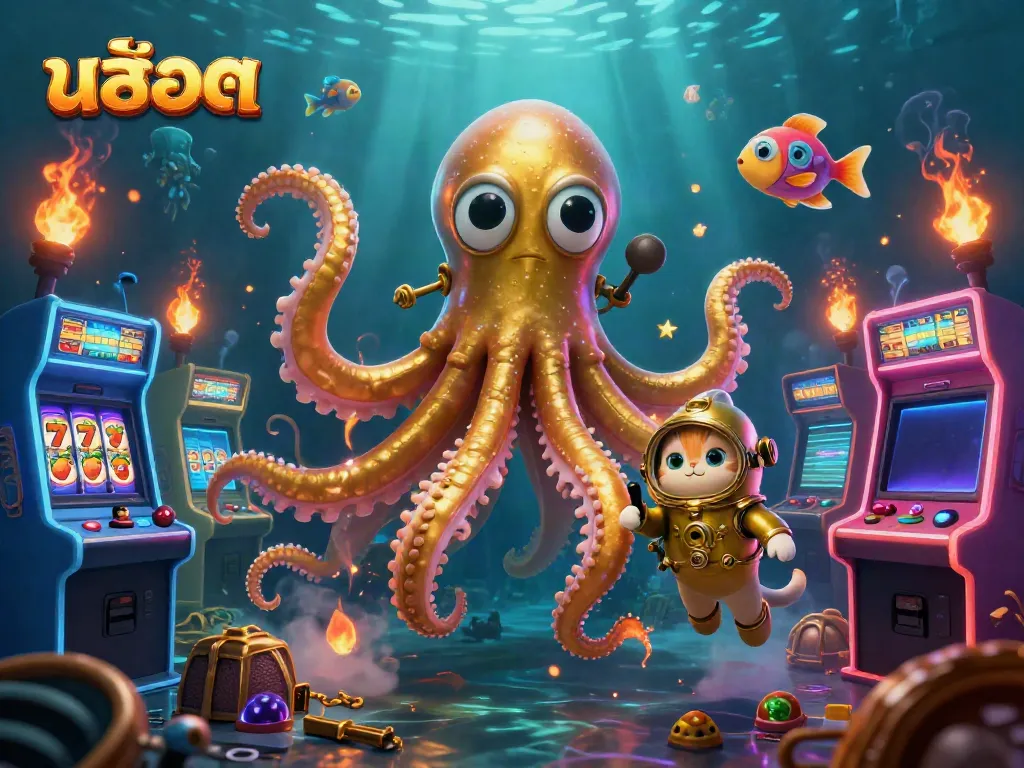 Experience the thrill of สล็อต gaming with our vibrant 3D illustration featuring a kraken, diving cat, and glowing arcade games.