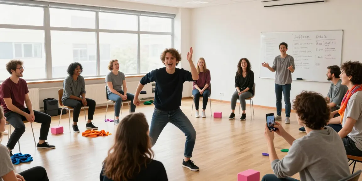 Beginner improv class with diverse adults engaging in creative exercises and enjoying laughter in a bright studio.