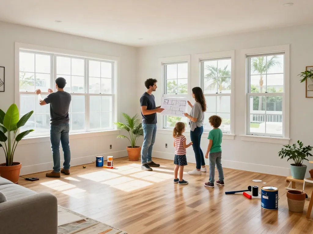 Home renovation Miami scene with a family planning interior design and renovation in a stylish living room.