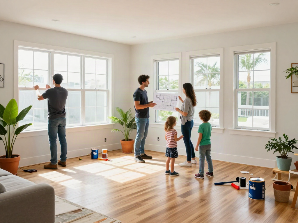 Home renovation Miami scene with a family planning interior design and renovation in a stylish living room.