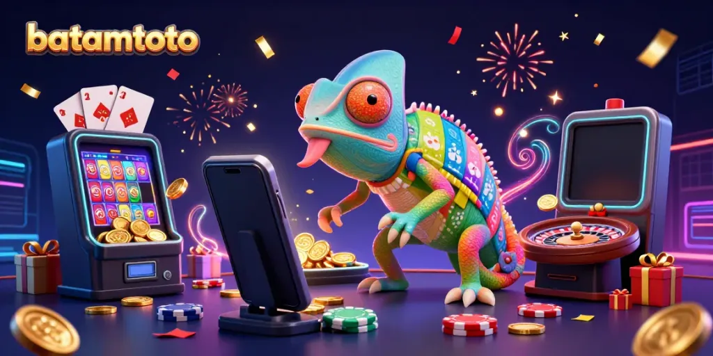 Engage in thrilling gaming with batamtoto, featuring a vibrant casino scene with colorful games and a fun chameleon.