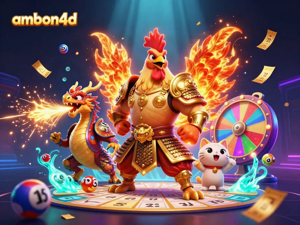 Experience thrilling wins with ambon4d in this captivating 3D battle scene of cartoon characters amidst vibrant casino elements.