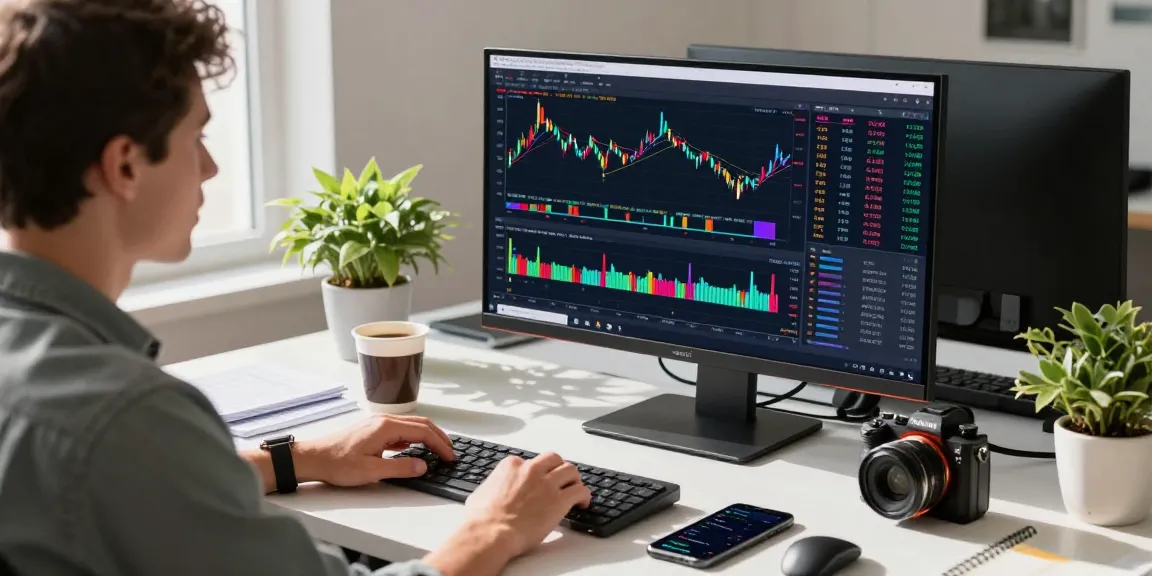 使用TradingView进行市场分析的交易员在光线明亮的办公桌前专注工作。