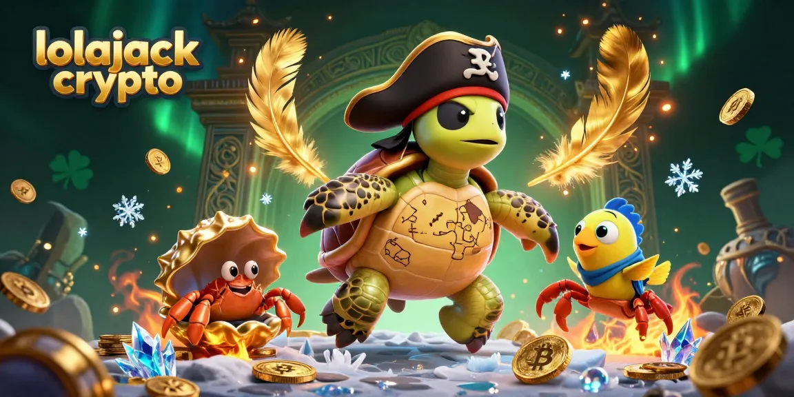 Lolajack crypto showcases a 3D pirate turtle, hermit crab, and parrotfish in a treasure scene.