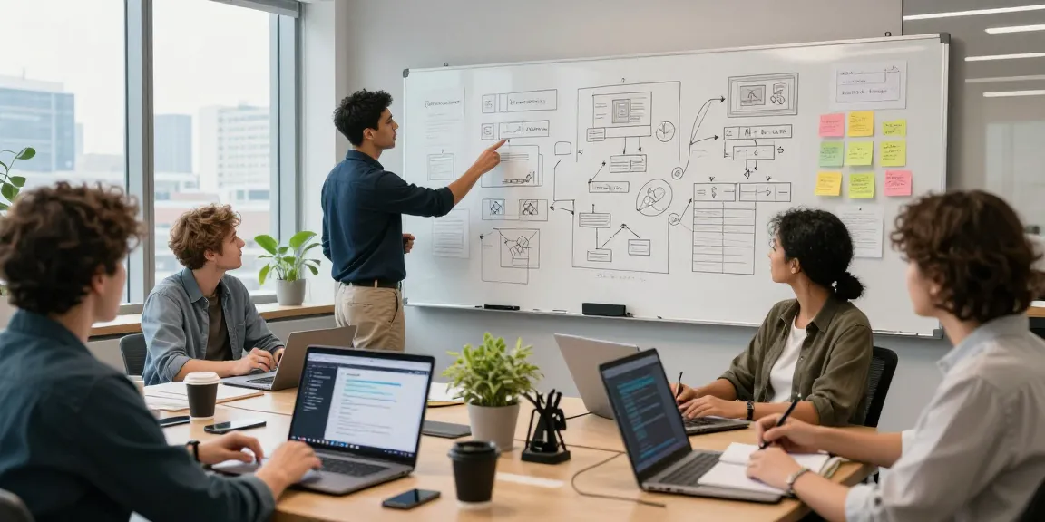 Founders collaborating on mvp development service in a modern office with whiteboards and laptops, showcasing teamwork and innovation.