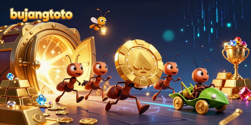 Engage with bujangtoto's thrilling heist of ants transporting a giant poker chip in a vibrant casino atmosphere.