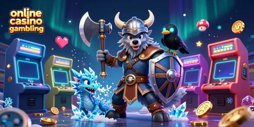 Experience online casino gambling with a Viking wolf warrior, fierce dragon, and glowing raven in a vibrant 3D scene.