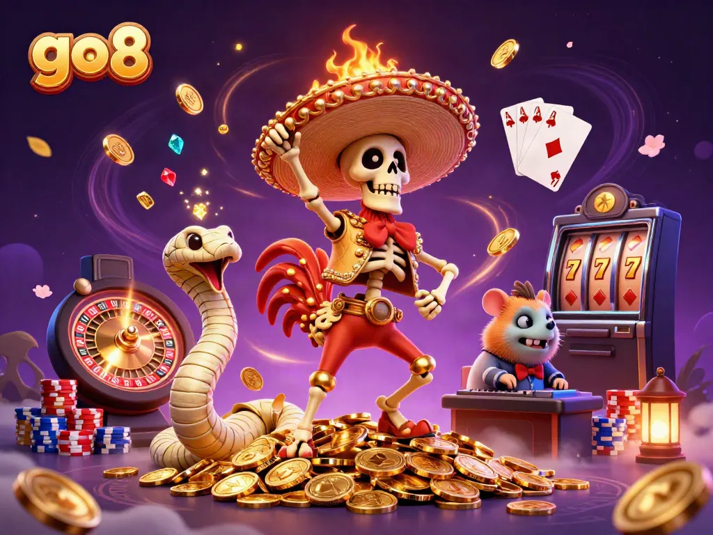 Join go8's vibrant fiesta with a dancing skeleton, mummy, and zombie DJ amidst dazzling casino elements.