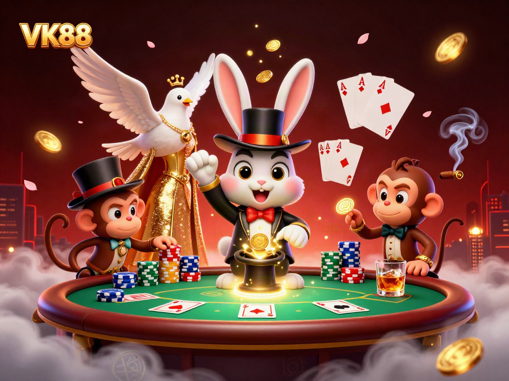 VK88 brings luck as a magician rabbit pulls coins from a hat in a vibrant casino scene.