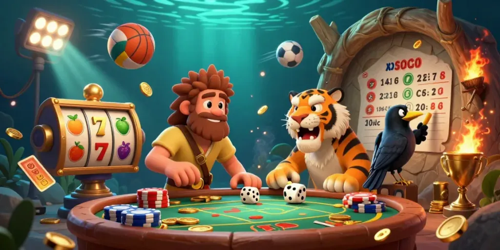 Experience exciting moments at XX88 with a dynamic prehistoric casino scene featuring vibrant game elements.