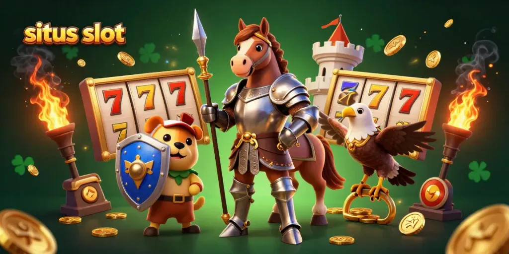 Action-packed illustration of situs slot featuring a knight, puppy, and falcon amidst jackpot elements.
