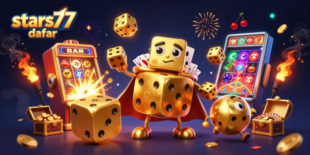 Gulir dadu emas besar dari stars77 daftar dengan jackpot slot dan kupon kemenangan bersinar.