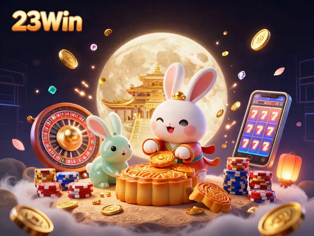 Experience the thrill of 23Win with a dazzling casino scene featuring moon rabbits and poker chips.