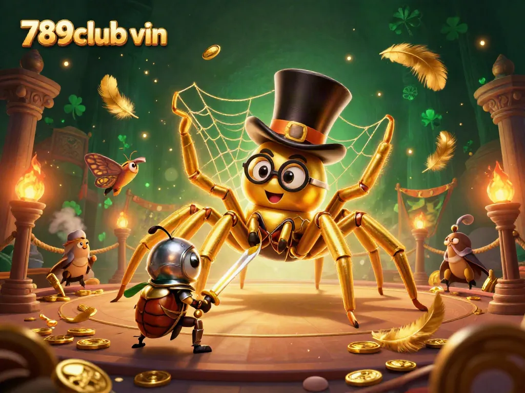 Engage in thrilling gameplay at 789club vin, featuring a golden tarantula weaving webs and a beetle knight in an exciting casino setting.