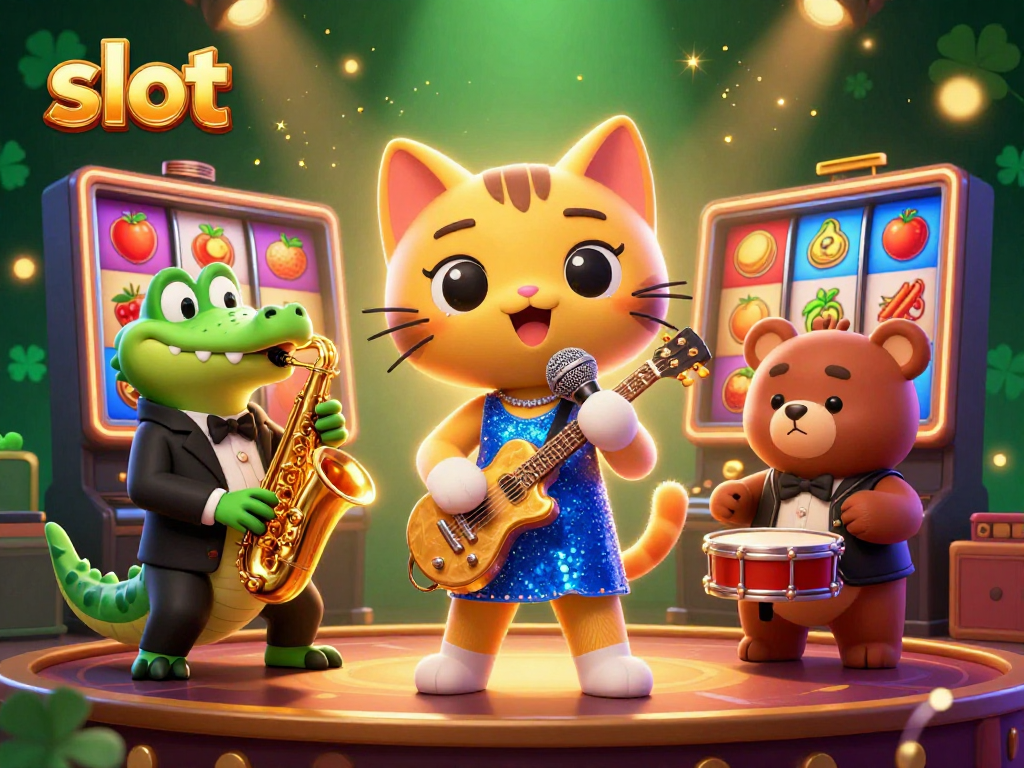 Slot menghadirkan kegembiraan dengan karakter kartun menyanyi, mesin slot, dan simbol jackpot dalam ilustrasi 3D yang menakjubkan.