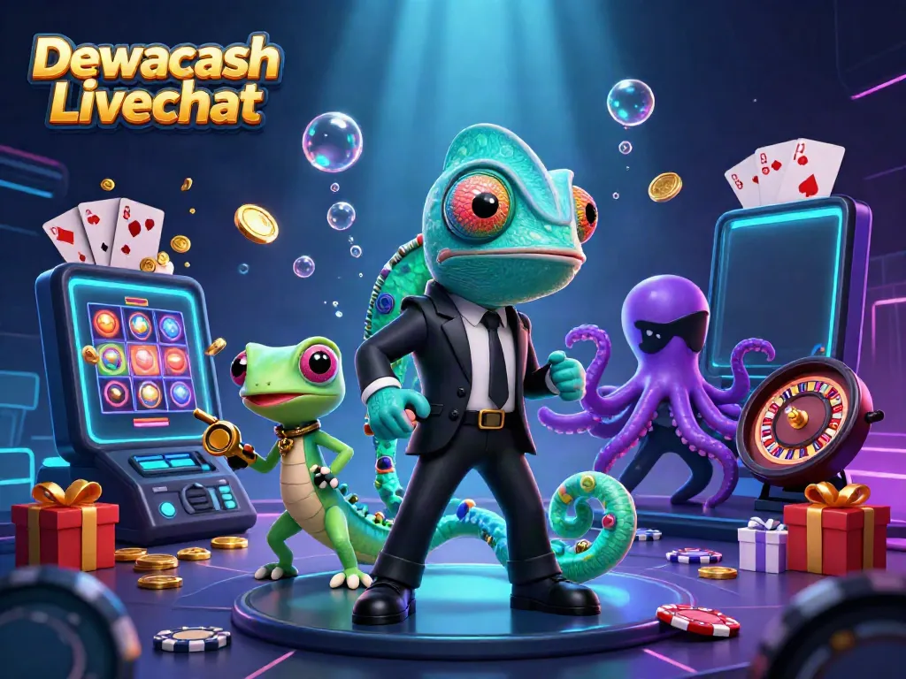 Dewacash Livechat dynamic illustration featuring casino characters amidst interactive gaming elements