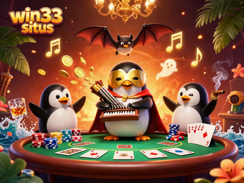 Experience excitement at win33 situs with a 3D illustration capturing a penguin playing a golden pipe organ while poker elements surround.