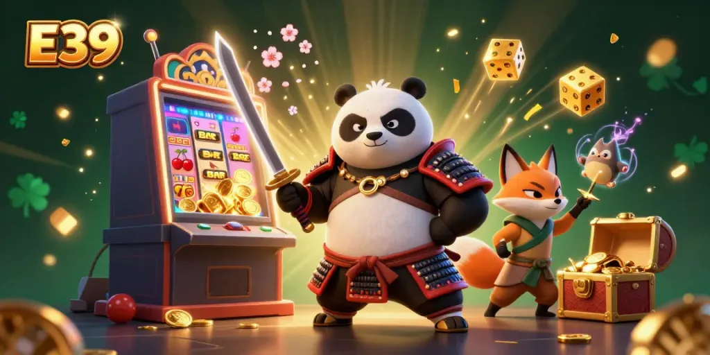 Experience thrilling gameplay with E39's vibrant 3D casino scene featuring a samurai panda, a ninja fox, and magical elements.