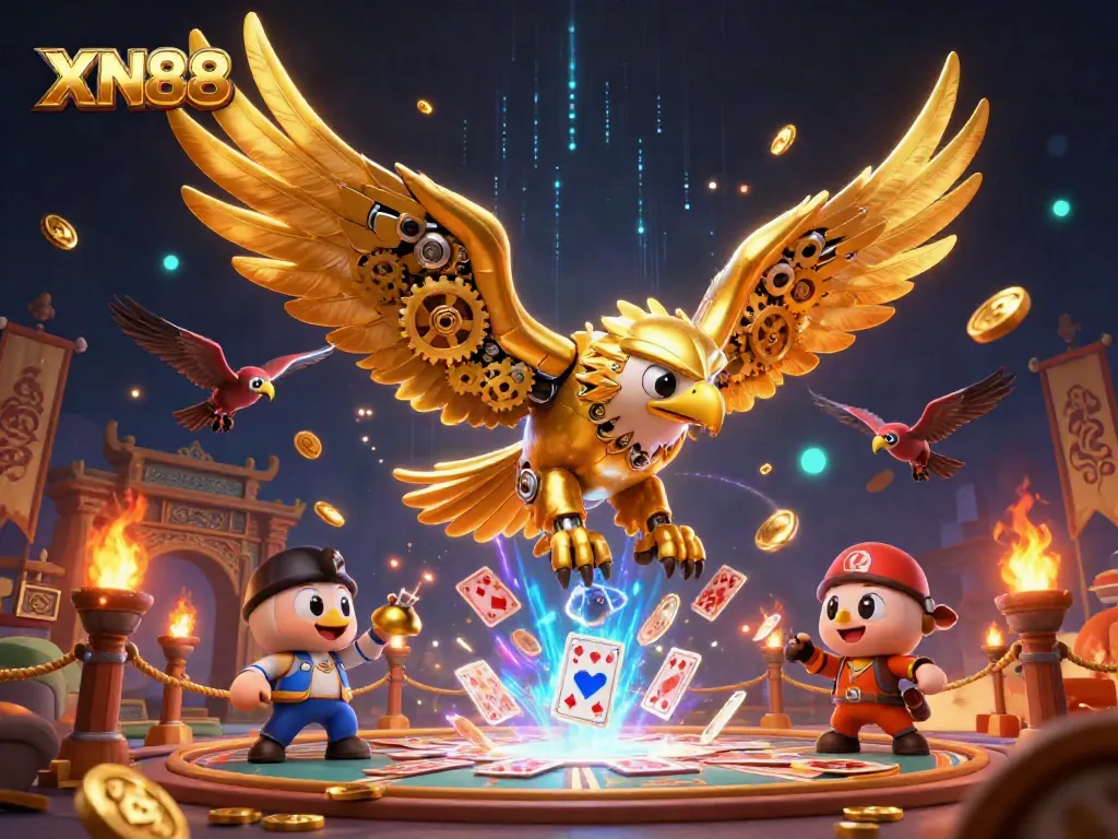 XN88 offers exciting slot gaming experiences, showcasing a cyber eagle amidst festive gambling elements.