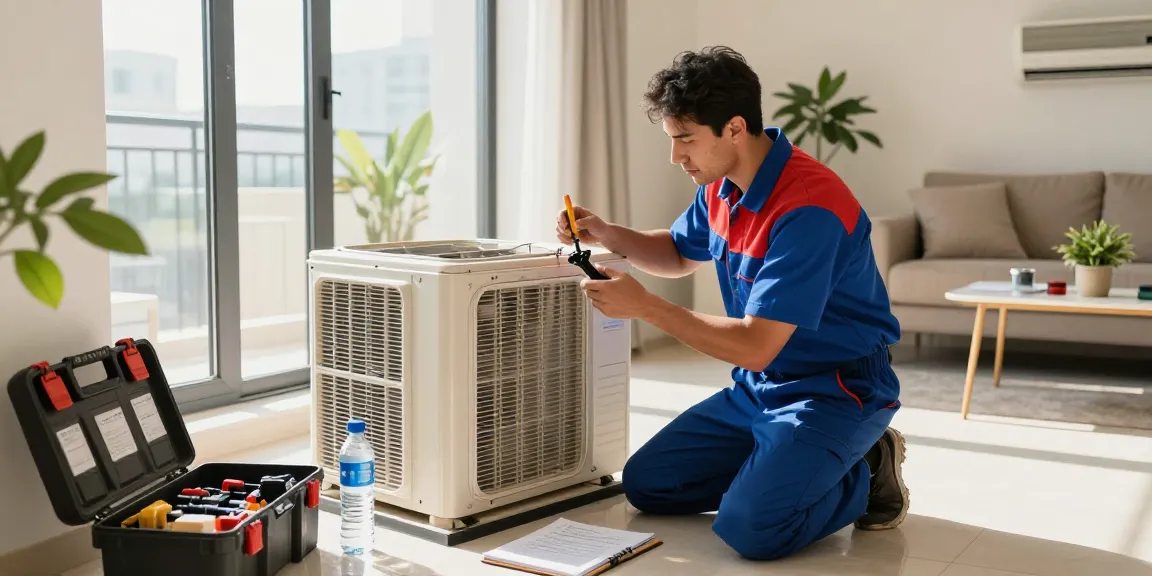 Window AC repair technician servicing unit in Deira home, showcasing reliable appliance repair service.