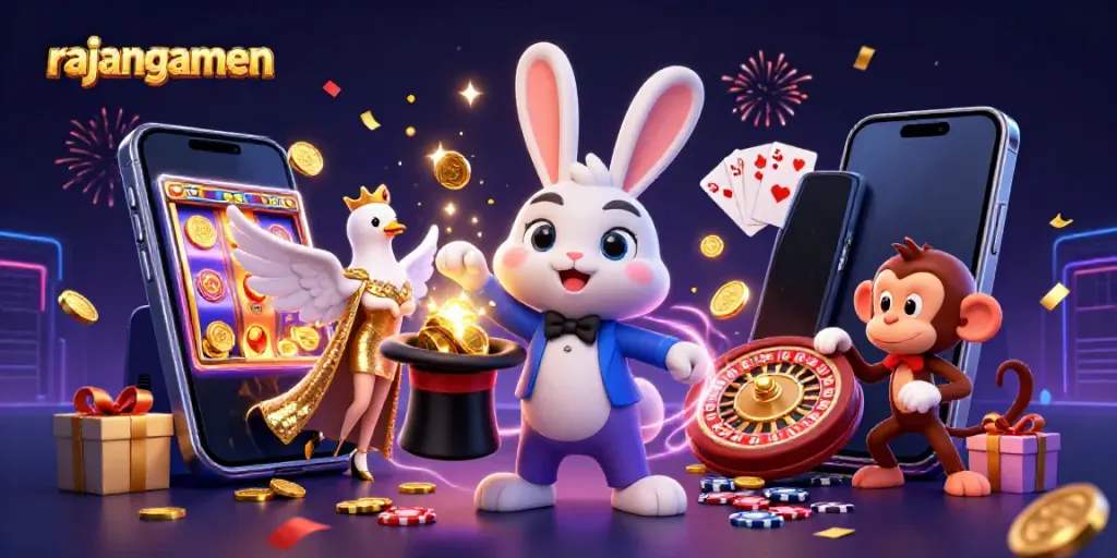 Menangkan bonus menarik dengan rajangamen di ilustrasi kasino digital yang semarak.