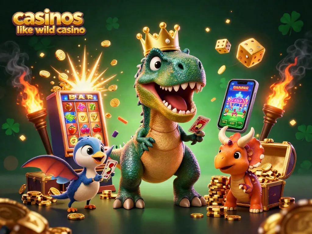 Experience the thrill of casinos like wild casino with vibrant 3D illustrations of a T-Rex and friends at a jackpot.