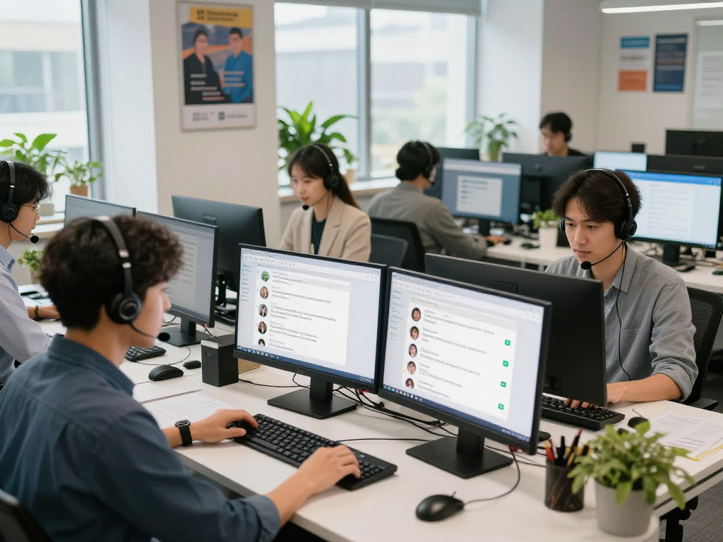 易翻译客服中心的工作人员利用翻译平台进行多语言沟通，提高效率和客户满意度。